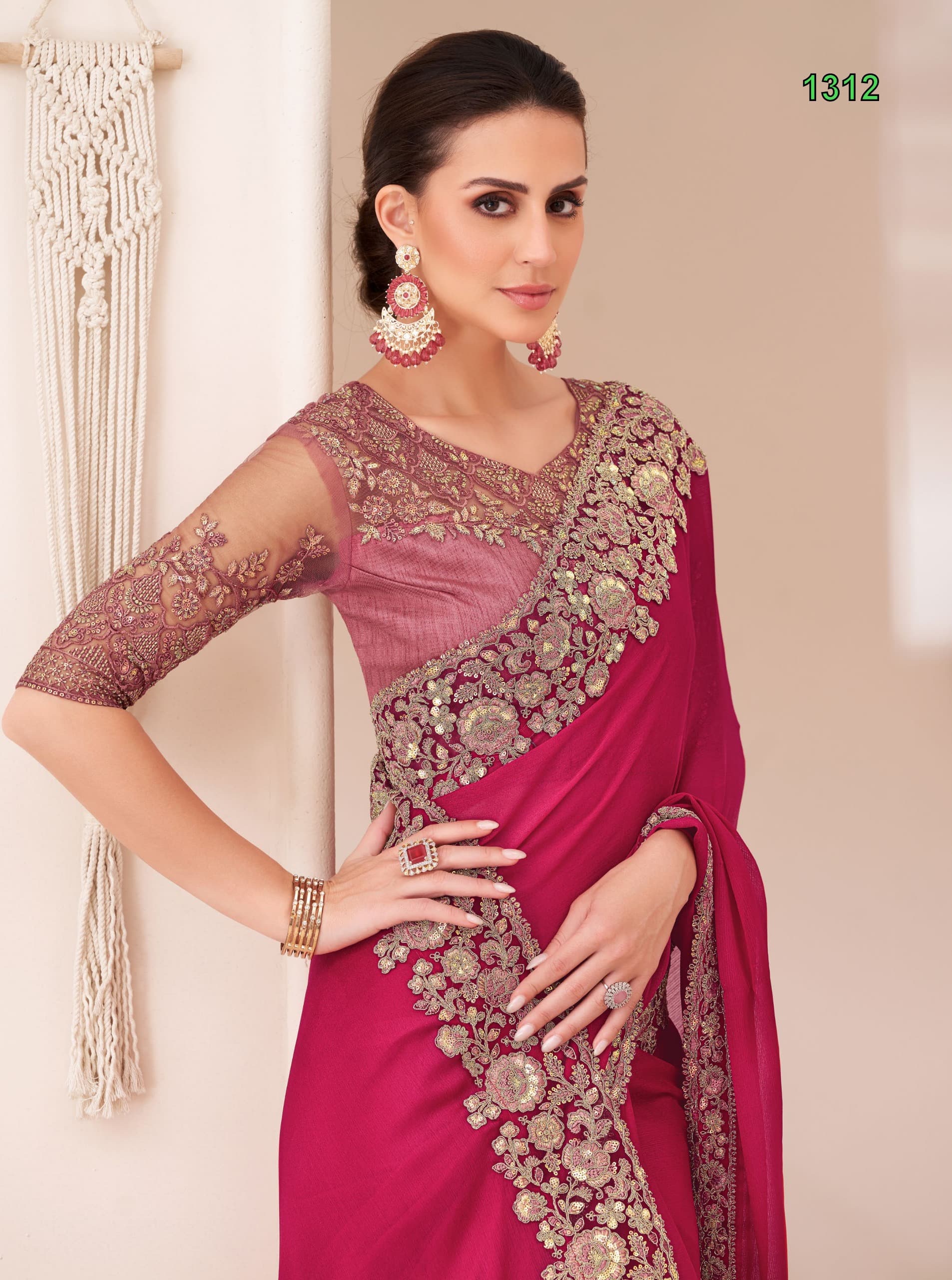Magenta Cherry Satin Chiffon Saree with Banglori Silk Blouse